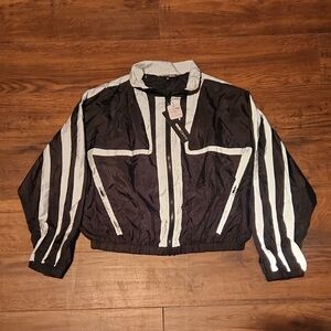 Women FASHION NOVA Black and Reflective Gray Striped Windbreaker Cropped Jacket